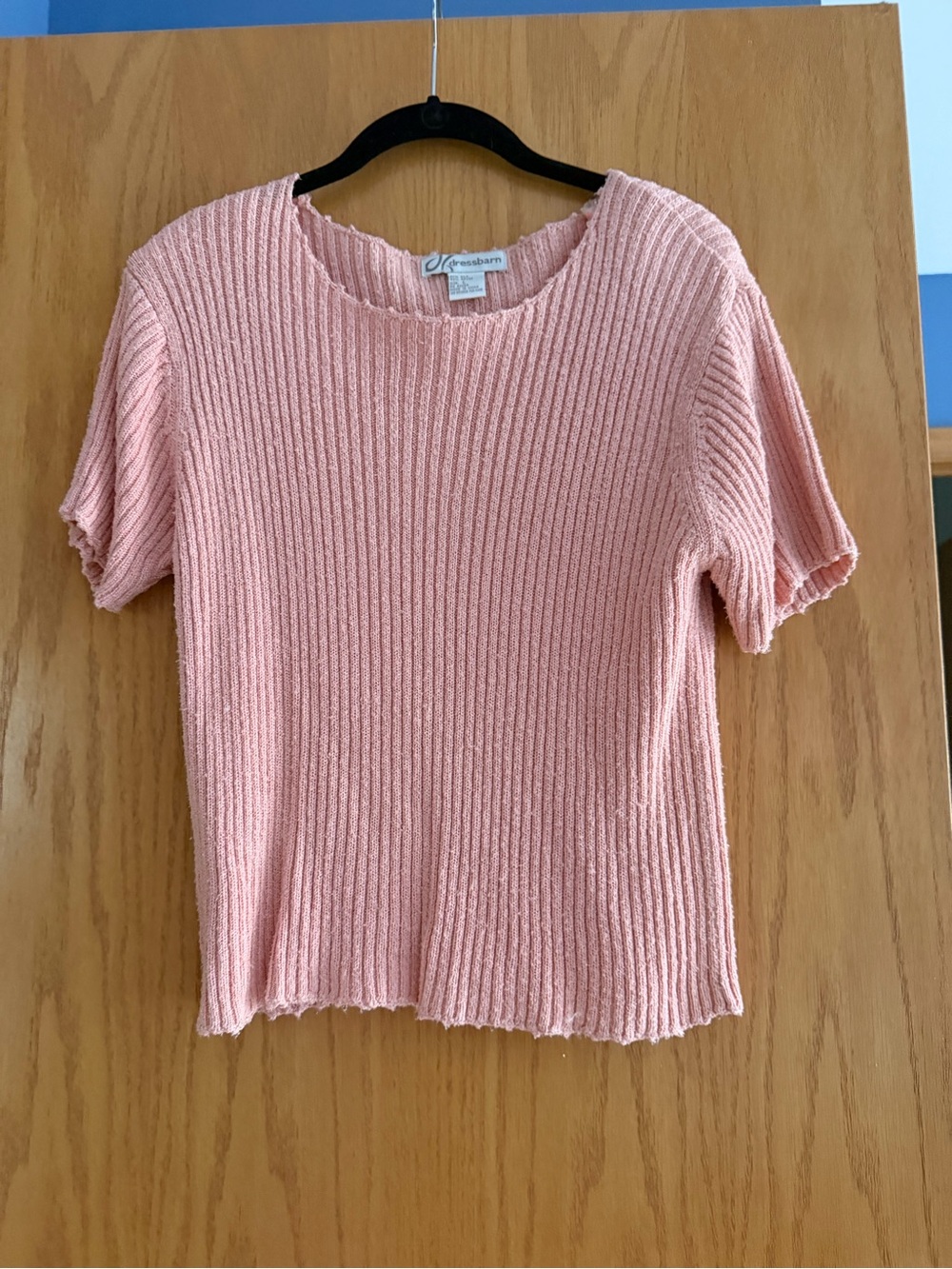 Vintage Dressbarn Silk Blend Sweater Top Womens Large Pink Rib Knit Short Sleeve